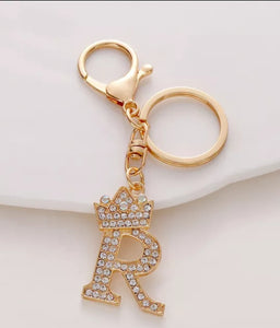 Rhinestone Letter & Crown Charm Keychain