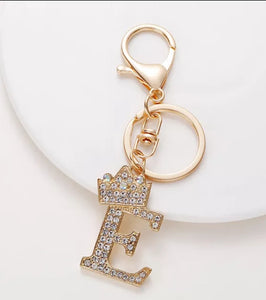 Rhinestone Letter & Crown Charm Keychain