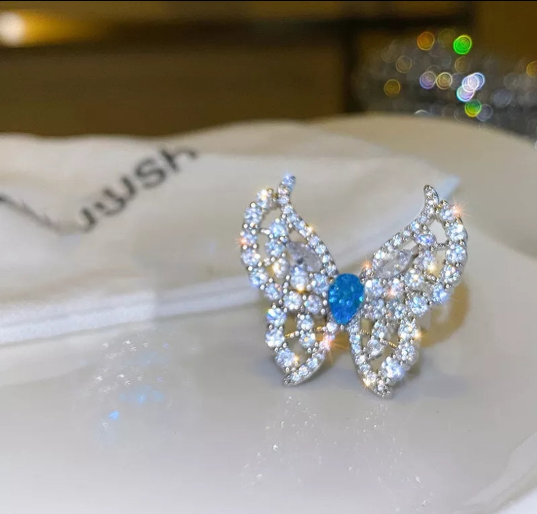 Rhinestones Blue stone Butterfly Ring